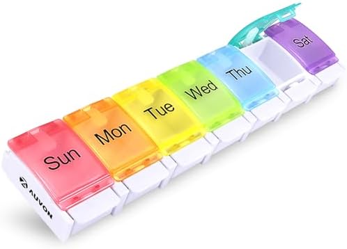 AUVON Weekly Pill Organizer Arthritis Friendly, BPA Free Travel 7 Day Pill Box Case with Spring Open Design and Large Compartment to Hold Vitamins, Cod Liver Oil, Supplements and Medication AUVON