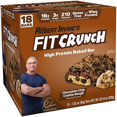 FITCRUNCH Snack Size Protein Bars, Designed by Robert Irvine, World’s Only 6-Layer Baked Bar, 3g of Sugar & Soft Cake Core (18 Bars, Chocolate Chip Cookie Dough) Fit Crunch