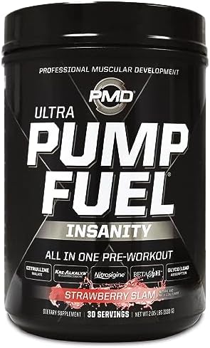 PMD Sports Pump Fuel All in Insanity - Ultimate Muscle Pump Supplement & Pre Workout Powder (Порошок) - Maximum Energy and Focus with Premium Creatine, Beta Alanine & More -Surgin’ Cherry Slush (20 Servings (Порции)) PMD