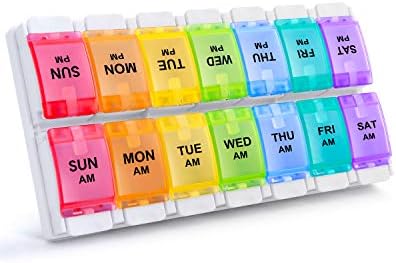 Sukuos AM PM Weekly 7 Day Pill Organizer 2 Times A Day, Large Daily Pill Box with Easy Push Button Design, Detachable Pill Case for Medicine/Vitamin/Fish Oil/Supplements (Rainbow) Sukuos