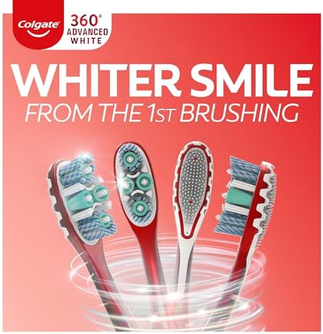 Colgate 360 Optic White Advanced Whitening Toothbrush, Adult Medium Toothbrush with Whitening Cups, Helps Whiten Teeth and Removes Odor Causing Bacteria, 2 Pack Colgate