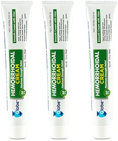 Globe (3 Pack) Hemorrhoid Cream (Крем), Relief with Aloe, (1.8 Ounce Tube) Relief from Hemorrhoids, Piles, Itching, Burning, Discomfort, & More Globe