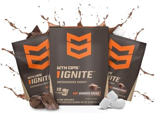 MTN OPS Hot Ignite Supercharged Energy Drink Mix Focus Enhancer, Charged Cocoa - 20 Trail Packs MTN OPS