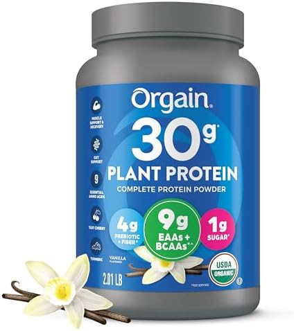 Orgain Organic 30g Vegan Protein Powder (Порошок), Vanilla, 9g EAAs + BCAAs, Plant Protein, 4g Prebiotic + Fiber, 1g Sugar, Pre-Workout, Muscle Support + Recovery - 2.01lb (Packaging May Vary) Orgain