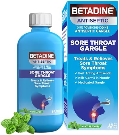 Betadine Antiseptic Medicated Gargle, Povidone-Iodine 0.5%, Treat and Relieve Sore Throat Symptoms, Temporarily Reduces Germs Normally Found in The Mouth, Mint Flavor, 8 FL OZ Betadine