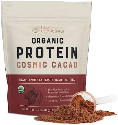 Live Conscious Organic Pea Protein Powder (Порошок) - Cosmic Cacao Chocolate Flavor | Plant-Based Vegan Protein Blend - Pea, Brown Rice, Pumpkin, Sacha Inchi | 20 Servings (Порции), 17 oz (Унции) Live Conscious