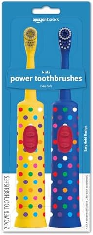 Amazon Basics Kids Battery Powered Toothbrush, 2 Count, 1 Pack (Previously Solimo), Yellow & Blue Amazon Basics