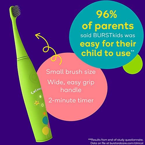 CoComelon x BURSTkids Kids Electric Toothbrush, Soft Bristle Kid & Toddler Toothbrush, 2-Minute Timer, Rechargeable Battery, Easy-Grip Silicone Handle, 2 Brush Modes, Ages 2+, Green with JJ Burst