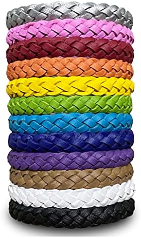 12 Pack Mosquito Repellent Bracelets, Solid Color Individually Wrapped Leather Insect & Bug Repellent Wrist Bands for Kids & Adults Outdoor Camping Fishing Traveling BuggyBands