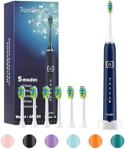 7AM2M Sonic Electric Toothbrush with 6 Brush Heads for Adults and Kids, One Charge for 90 Days, Wireless Fast Charge, 5 Modes with 2 Minutes Build in Smart Timer, Electric Toothbrushes(Black) 7AM2M