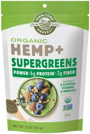 Manitoba Harvest Organic Hemp & Supergreens Powder (Порошок), 7.5 oz (Унции) – Green Superfood Powder with 6g of Protein, 3g of Fiber per Serving (Порция) – Vegan, Non-GMO Project Verified - Packaging May Vary Manitoba Harvest