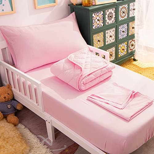 NTBAY Toddler Bedding Set - 4 Piece Soft and Breathable Crib Bedding Set for Boys and Girls, Includes Quilted Comforter, Fitted Sheet, Flat Top Sheet and Envelope Pillowcase, Pink NTBAY