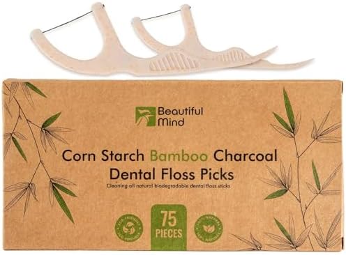 Organic Dental Floss Picks - Natural Biodegradable Floss Sticks with Strong Bamboo Charcoal Thread & Vegan Corn Starch Handle - No Plastics & No Artificial Flavours Beautiful Mind