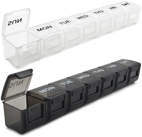 2 Pack Weekly Pill Organizer, Large 7 Day Pill Case, Daily Vitamin Case Medicine Box, AM/PM Pill Containers for Medicine Supplements Fish Oil（White & Black） Modengkongjian