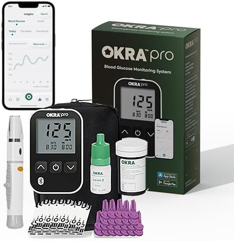 Okra Pro Glucose Monitor Kit - Syncs with Free App - Meter, Test Strips, Lancets, Lancing Device, Control Solusion and Carry Case OKRA