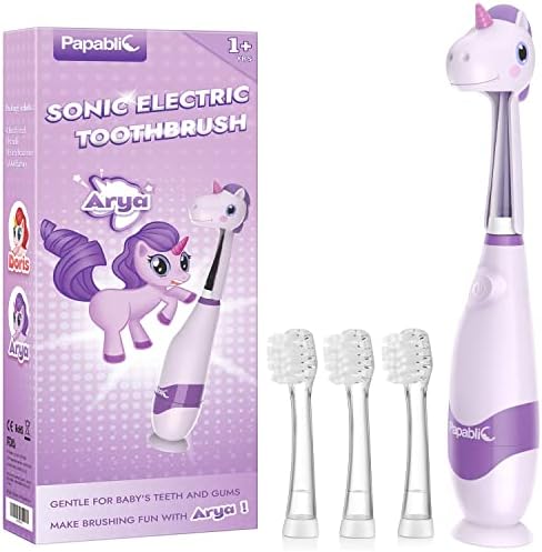 Papablic Toddler Sonic Electric Toothbrush for Ages 1-3 Years, Baby Electric Toothbrush with Cute Dino Cover and Smart LED Timer, 4 Brush Heads (Debby) Papablic