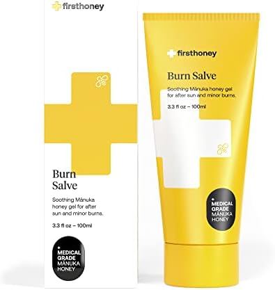 FIRST HONEY® Burn Salve | Aloe Vera Burn Gel With Medical Grade Manuka Honey | Natural Remedy For Sunburn & Minor Burns | Fortified with Allantoin & Vitamin E | 3.3 fl oz (100mL) First Honey