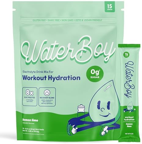 Waterboy Workout Hydration | 2,960mg Sugar Free Electrolyte Powder (Порошок) Packets (Пакеты ) | L-Glutamine + Vitamins | No Sugar, All Natural, Gluten Free | 15 Drink Stick Mixes (Blue Raspberry) Waterboy