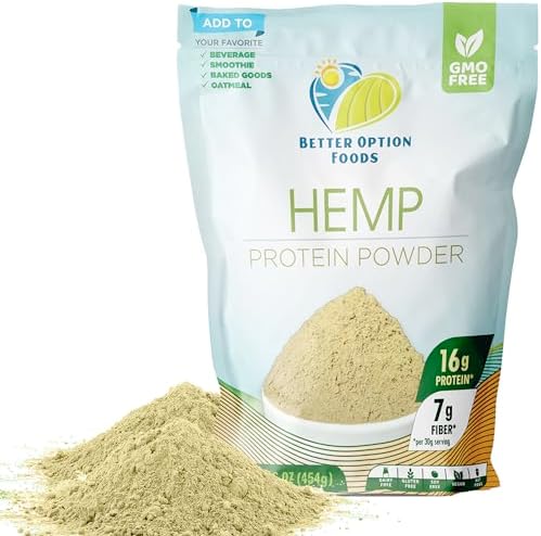 Hemp Protein Powder (Порошок) - Plant Based Protein Powder with Higher Hemp Fiber & Essential Amino Acids - Easy-to-Digest Vegan Protein Powder for Oatmeal, Smoothies, & Baked Goods, 16oz Better Option Foods