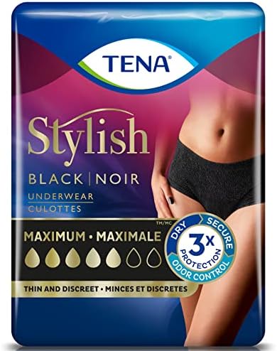 Tena Stylish Black Incontinence Bladder Control Underwear for Women, Maximum Absorbency, XLarge, 28 ct (2 Packs of 14) Tena