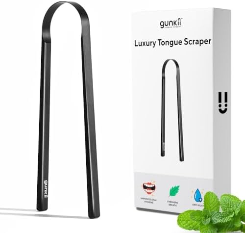 Tongue Scraper, Tongue Cleaner for Adults and Kids, Fights Bad Breath, Metal Tongue Scraper, Great for Oral Care, Oral Hygiene, Ayurveda Tongue Scraper, Hygiene Luxury Black Tongue Scraper. (1 Pack) Gunkii