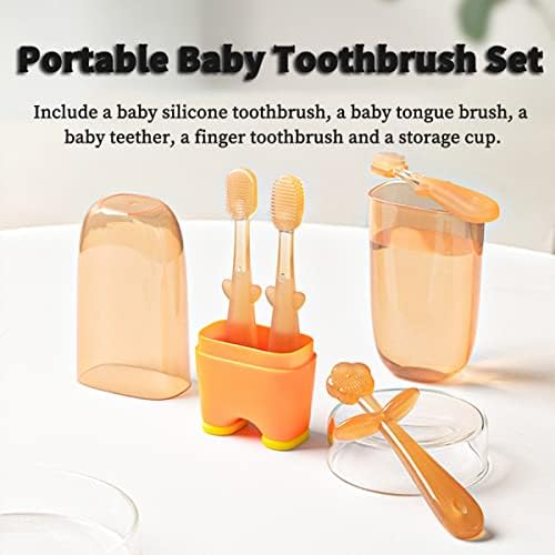 FOKiiBO Baby Silicone Toothbrush Set, Toothbrush + Tongue Brush + Baby Teether + Finger Toothbrush with Cup for Training Teething, 0-18M Infant Toddler Newborn Baby Teeth Brushes (Blue) FOKiiBO