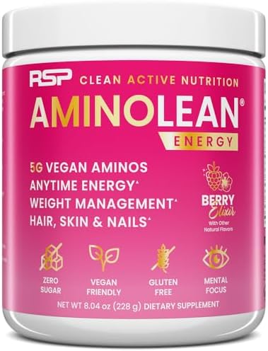 RSP NUTRITION AminoLean Pre Workout, Clean Energy with No Jitters, Tingles or Crash, Vegan Friendly with Added Biotin for Hair, Skin, Nails, Berry Elixir, 30 Servings (Порции) RSP Nutrition