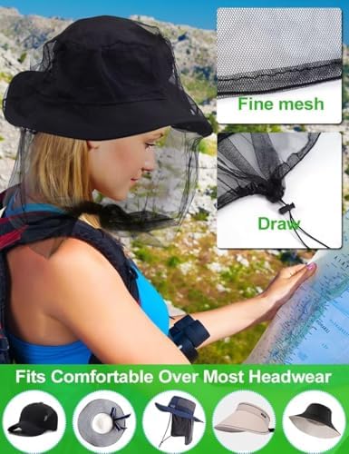 wohohoho Mosquito Head Net Mesh with drawstring, Bug Face Netting for Hats, Mesh Face Shield for Men & Women Beekeeper Net Mask Protection for Midges, Bugs & Gnats (2 Packs, Grey, Updated Big Net) Wohohoho