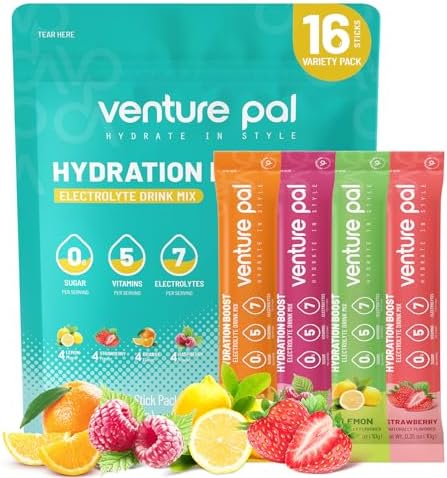 Venture Pal Sugar Free Electrolyte Powder (Порошок) Packets (Пакеты ) - Liquid (Жидкость) Daily IV Drink Mix for Rapid Hydration & Party Recovery | 5 Vitamins & 7 Electrolytes| Keto Friendly | Non-GMO | Certified Vegan | 16 Sticks Venture Pal