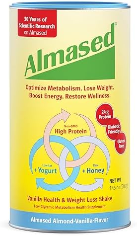 Almased Protein Powder (Порошок) for Weight Loss Kit for Men & Women, Natural Meal Replacement Shake for Weight Loss, Supplement, 24 Grams of Protein Per Serving (Порция) (Almond Vanilla Flavor, 3 Cans @ 17.6 oz (Унции) ea + Scoop) Almased