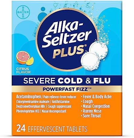 Alka-Seltzer Plus Severe, Cold & Flu Medicine, Citrus Effervescent Tablets (Шипучие таблетки), Nasal & Sinus Congestion, Sneezing, Runny Nose, Cough, Sore Throat 24 Count, Packaging May Vary Alka-Seltzer Plus