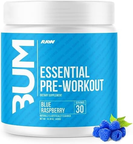 RAW Nutrition - Essential Pre - Chris Bumstead Pre Workout Formula, Sports Nutrition Pre-Workout Powders | Men & Womens Drink, Energy Powder for Working Out (Blue Raspberry) RAW