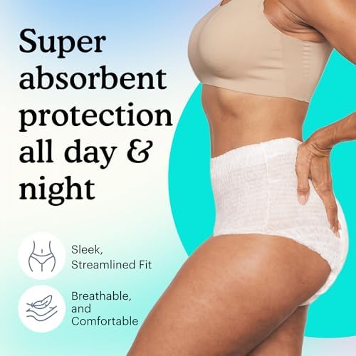 Because Adult Incontinence Underwear for Sensitive Skin - Women - Premium Overnight Disposable Briefs, Anti Odor - White, Large - Absorbs 6 Cups - 14 Count (Pack of 1) Because