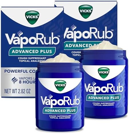 Vicks VapoRub Advanced Plus, Powerful Cough Suppressant, Topical Chest Rub & Analgesic Ointment (Мазь), Medicated Vicks Vapors, Fast Cough Relief, 2.82oz x 2 Vicks