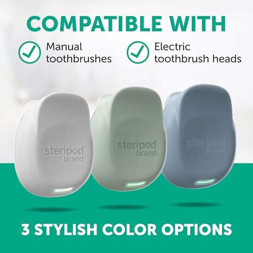 Steripod Brand Portable UV Toothbrush Sanitizer Clip, Reduces Harmful Microorganisms, Rechargeable, Sage, 1 Count Steripod