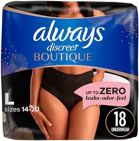 Always Discreet Boutique Incontinence and Postpartum Underwear for Women, Maximum Protection, L, Black, 18 Count (Packaging May Vary) Always Discreet