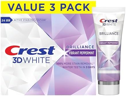 Crest 3D White Brilliance Vibrant Peppermint Teeth Whitening Toothpaste, 4.6 oz Pack of 3, Anticavity Fluoride Toothpaste, 100% More Surface Stain Removal, 24 Hour Active Stain Prevention Crest