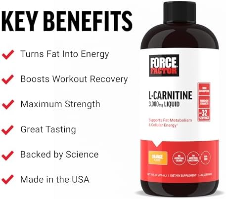 Force Factor L Carnitine Supplement, Liquid (Жидкость) L-Carnitine 3000 mg to Help Turn Fat Into Energy, Support Muscle Recovery, and Boost Cellular Energy, Maximum Strength, Non-GMO, Berry Flavor, 16 Oz. Force Factor