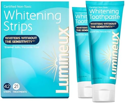 Lumineux Whitening Duo Set – Peroxide Free - Enamel Safe for Whiter Teeth – Includes 21 Whitening Treatments & 2 Pack Whitening Toothpaste Certified Non-Toxic, Fluoride Free & Dentist Formulated Lumineux