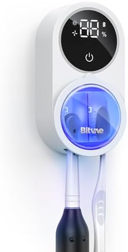 Bitvae Toothbrush Cleaner, UV-C Cleaning and Air Drying, LED Smart Screen, Rechargeable Wall Mount Toothbrush Holder, White Bitvae