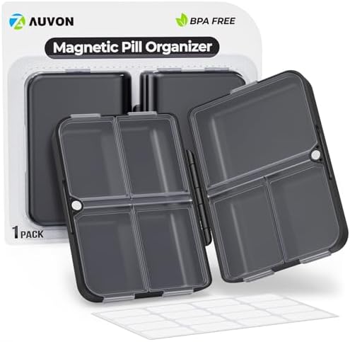 AUVON Travel Pill Organizer with Folding Design, 7 Compartments Daily Pill Case with Long-Lasting Hinges, Portable Pill Box for Pocket Bag, Small Pill Container for Fish Oil, Vitamin (Black) AUVON