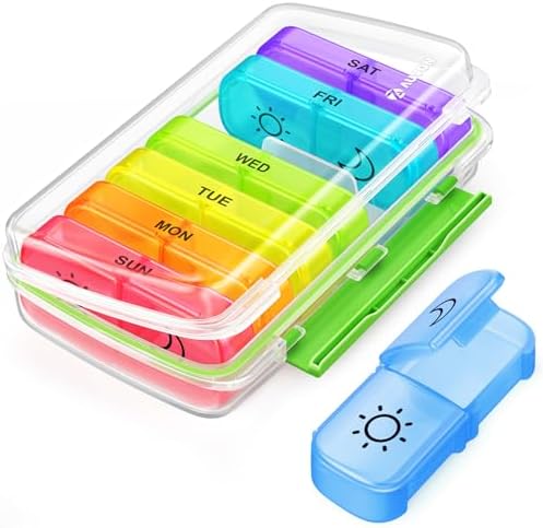 AUVON Pill Box 2 Times a Day with Moisture-Proof Design, Weekly Pill Organizer AM PM with Portable Pocket Slots, Pill Case 7 Day with Dual Protection for Vitamin, Medicine, Medication, and Supplement AUVON