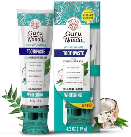 GuruNanda Hydroxyapatite Toothpaste, SLS & Fluoride Free, Whitening Toothpaste - Freshens Breath, Fights Plaque - Natural CocoMint Jasmine Neem, 4.2oz GuruNanda