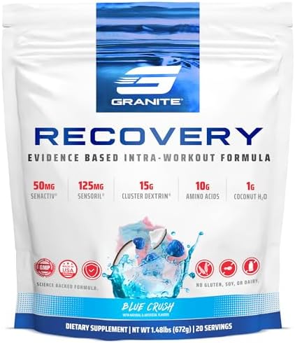 Granite Recovery for Intra & Post Workout |10g Aminos, Electrolytes, Cluster Dextrin for Muscle Recovery & Growth | Amino Acids Supplement with Sensoril | 20 Servings (Порции) | Blue Crush Flavor Granite Supplements