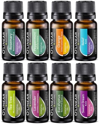 Top 8 Essential Oils Set for Diffuser for Home Aromatherapy Kit with Lavender, Peppermint, Eucalyptus, Tea Tree, Rosemary, Orange, Relief and Sweet Dreams Blends for Humidifiers Natural Pack O'Linear