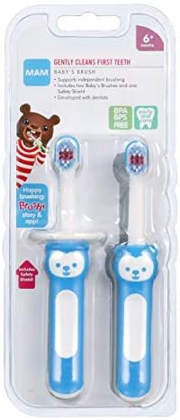 MAM Baby Toothbrushes (2 Baby's Brushes and 1 Safety Shield), Toothbrushes with Brushy the Bear Character, Interactive App, For Boys 6+ Months MAM