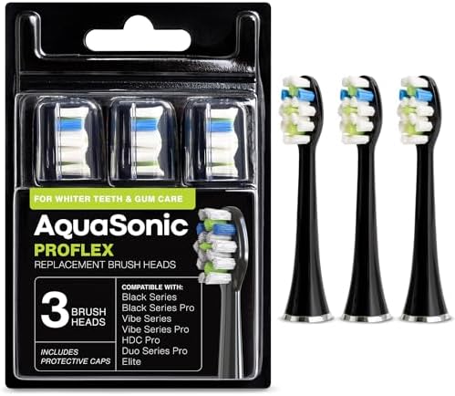 AquaSonic Proflex Replacement Brush Heads | for Whiter Teeth & Gum Care | Compatible with Many AquaSonic Toothbrush Handles (3 Pack Black) AQUASONIC