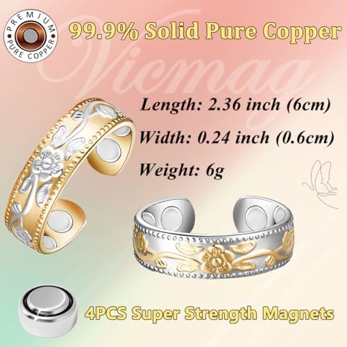 Vicmag Copper Magnetic Ring for Women Men 100% Solid Pure Copper Adjustable with Jewelry Gift Box (Gold and silver plum copper) Vicmag