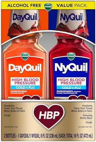 Vicks DayQuil & NyQuil High Blood Pressure Cold and Flu Medicine, Powerful Multi-Symptom day or night Relief for Cold, Cough, and Flu Symptoms, Sugar & Alcohol Free, 2 x 8 FL OZ Bottles Vicks