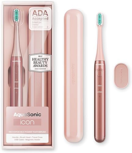 Aquasonic Icon ADA-Accepted Rechargeable Toothbrush | Magnetic Holder & Slim Travel Case | 2 Brushing Modes & Smart Timers | Gentle Micro-Vibrations (Lilac) AQUASONIC